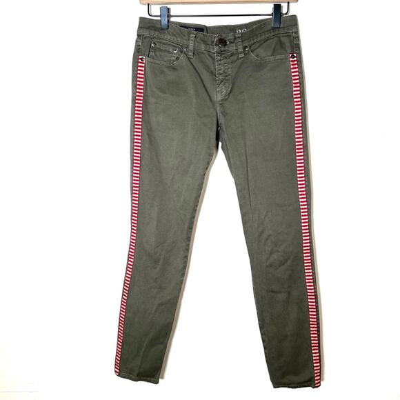 J. Crew army green with red side stripes toothpick leg jeans size 26 ankle B197 - Picture 1 of 4
